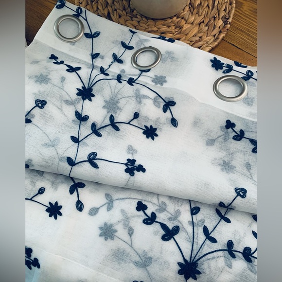 Two 84” Panels—Sheer White Curtains— Navy Blue Leaf Embroidered With Grommets - Picture 4 of 5